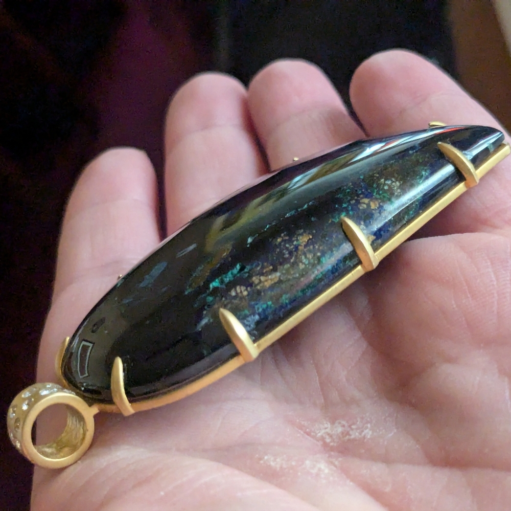 Amazing 10k Yellow Gold Diamond Bail Azurite Blue Gemstone Huge Pendant OOAK - Picture 4 of 16